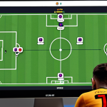 **

A digital illustration depicting a football manager intensely analyzing a game simulation on a laptop screen. The screen shows player statistics, heatmaps, and tactical formations overlaid on a virtual football pitch. The manager is surrounded by notes and diagrams, highlighting different formations like 4-3-3, 4-4-2, and 3-5-2. The scene should convey a sense of strategic thinking and meticulous planning. The background could include trophies or other symbols of success in football.

**