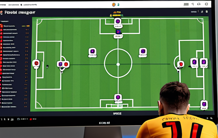**
A digital illustration depicting a football manager intensely analyzing a game simulation on a laptop screen. The screen shows player statistics, heatmaps, and tactical formations overlaid on a virtual football pitch. The manager is surrounded by notes and diagrams, highlighting different formations like 4-3-3, 4-4-2, and 3-5-2. The scene should convey a sense of strategic thinking and meticulous planning. The background could include trophies or other symbols of success in football.
**