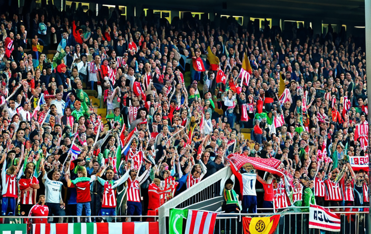 Stadium Crowd**
"A vibrant, cheering crowd at a Ekstraklasa football match in a modern stadium, supporters wearing team jerseys and holding up scarves, fully clothed, appropriate content, safe for work, professional photography, dynamic composition, bright colors, showcasing positive sportsmanship, modest attire."
**